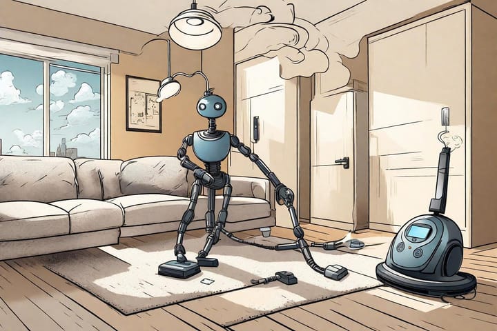 Ein Roboter steht in einem Wohnzimmer und saugt Staub mit einem Staubsauger.