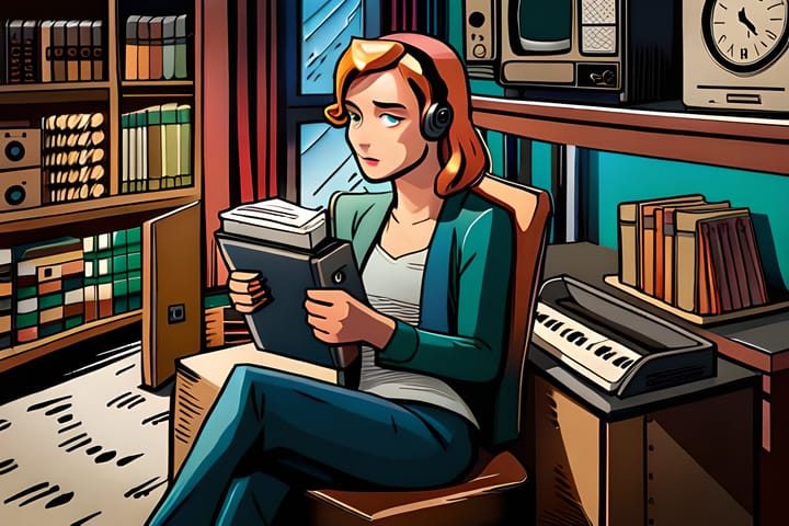 Eine Frau mit Kopfhörern sitzt auf einem Stuhl in einem Arbeitszimmer mit Bücherregalen und einem Klavier im Hintergrund.