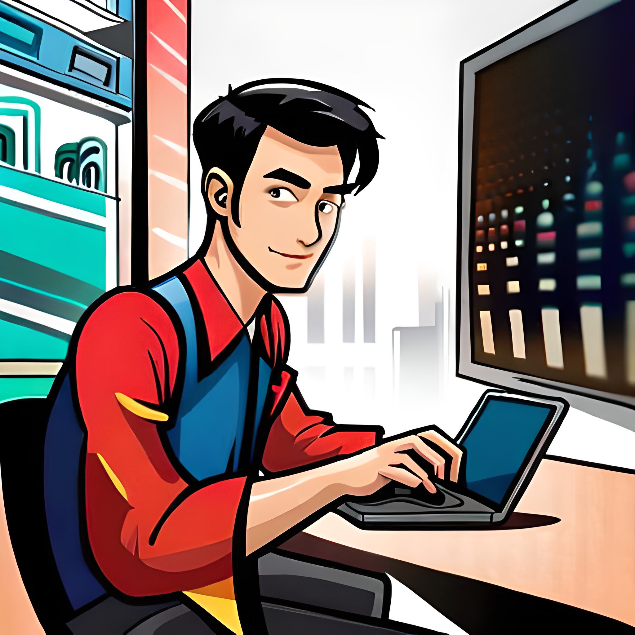Ein junger Mann an einem Laptop im Comic-Stil